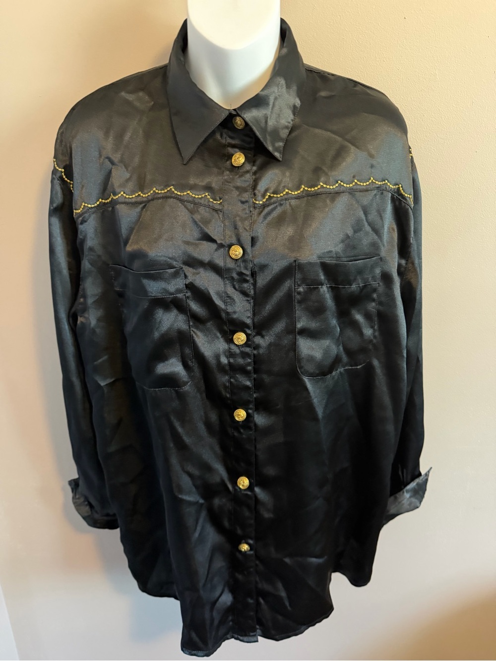 Principles Vintage Satin Western Blouse Gold Embroidery Button Down Black 12
